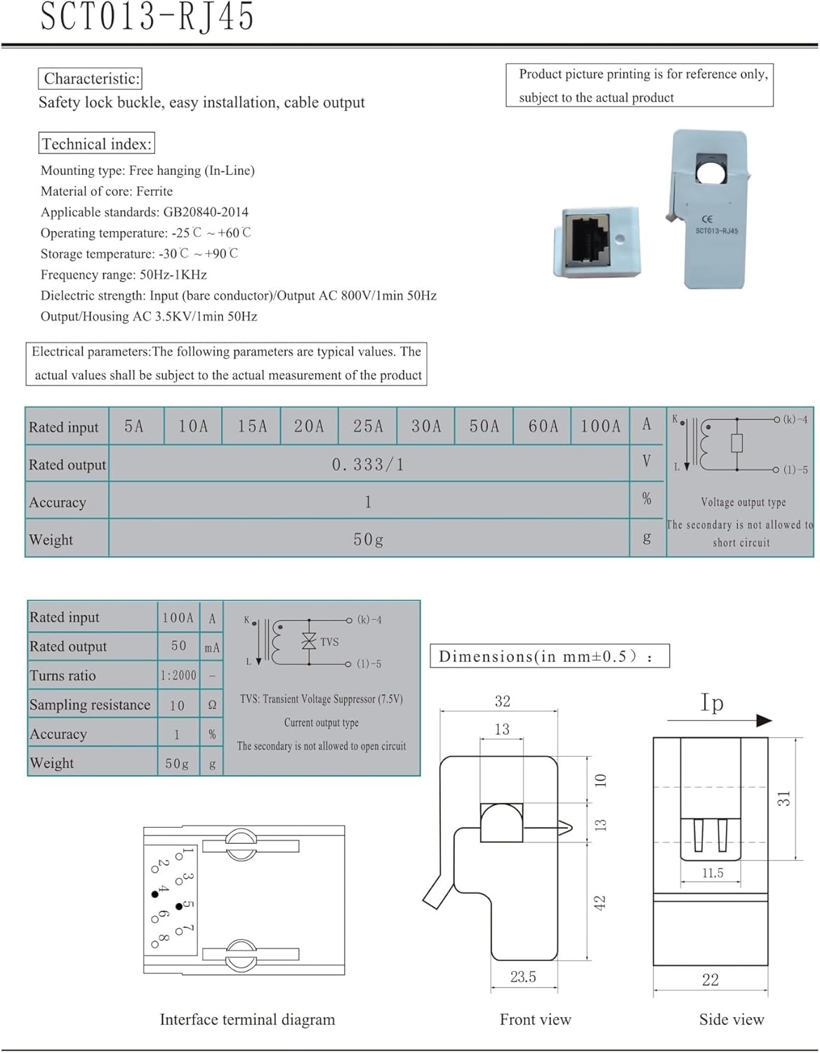 SCT013-RJ45 100A/50mA Accuracy 1% Split Core Current Sensor AC Clamp Transformer
