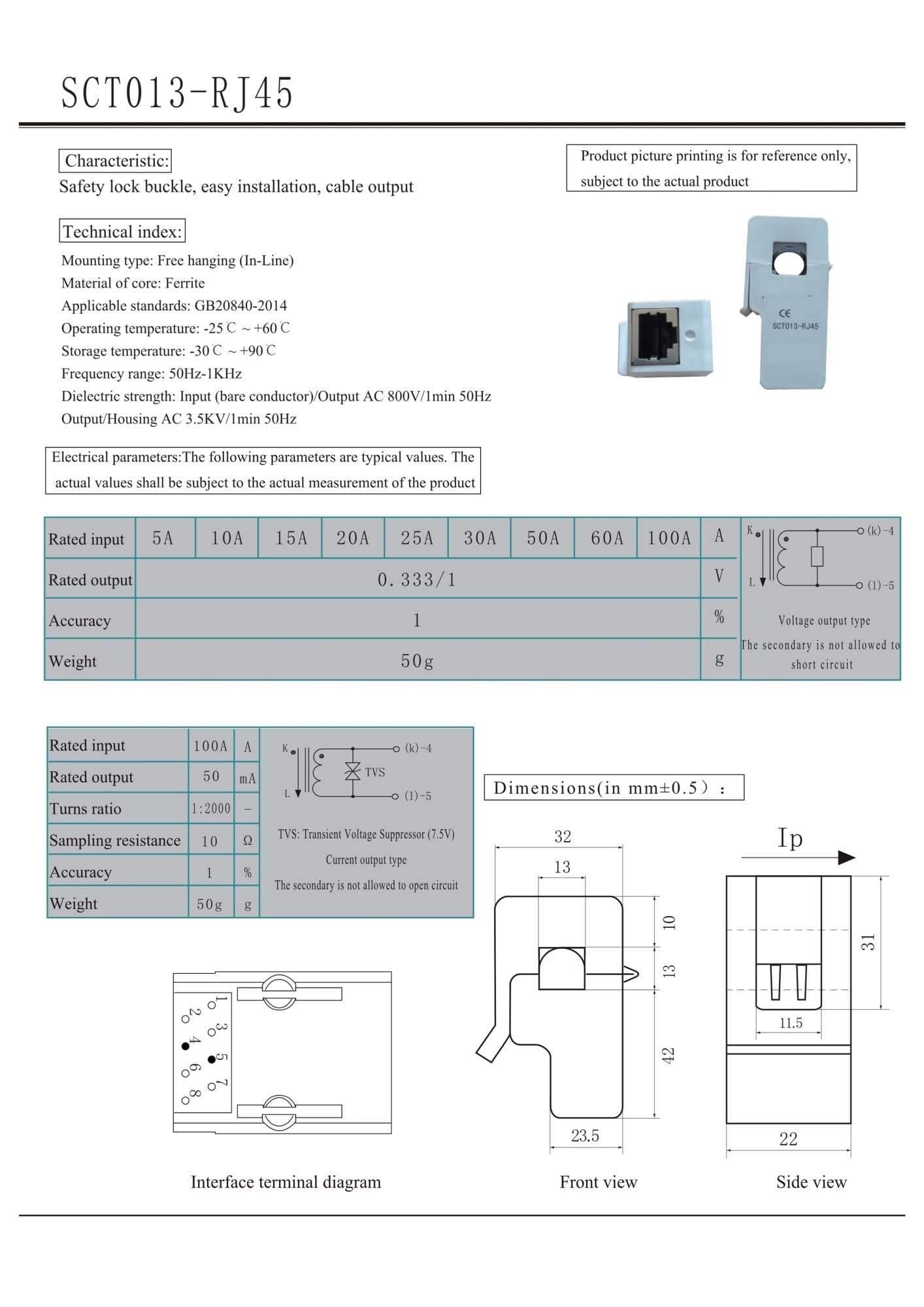 HJCMOONB SCT013-RJ45 100A/50mA Accuracy 1% Split Core Current Sensor AC Clamp Transformer