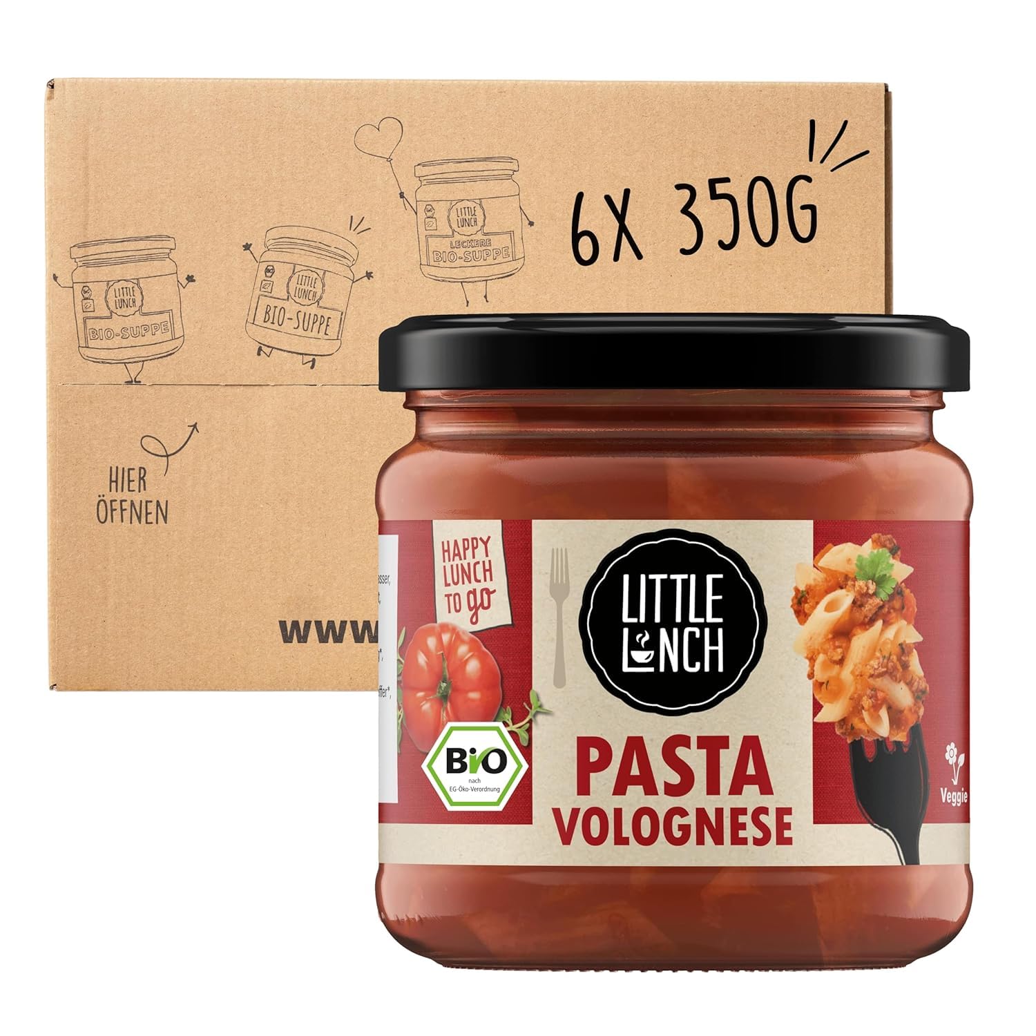 Little Lunch Fertiggericht Pasta Volognese, Vegetarische Bolognese, Nudeln, Ready Meal, 100% Bio, Veggie, 6er Pack, 6 x 350g
