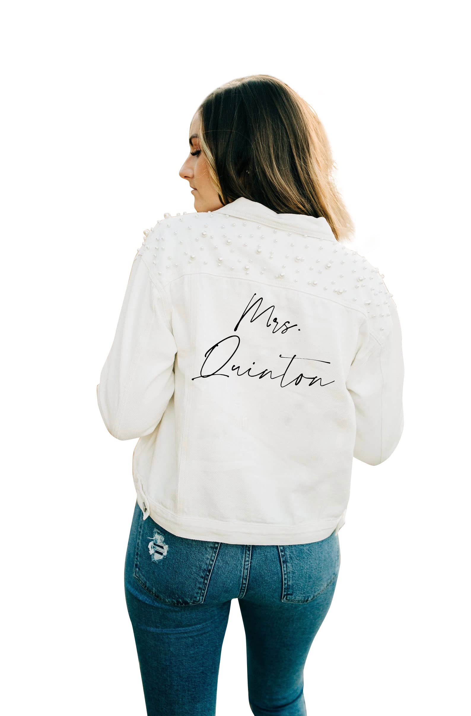 Personalizzato Perla Jean Cappotto Donna Giacca di Denim Bianco Con Perle Wifey Jean Cappotto Da Sposa Jean Cappotto