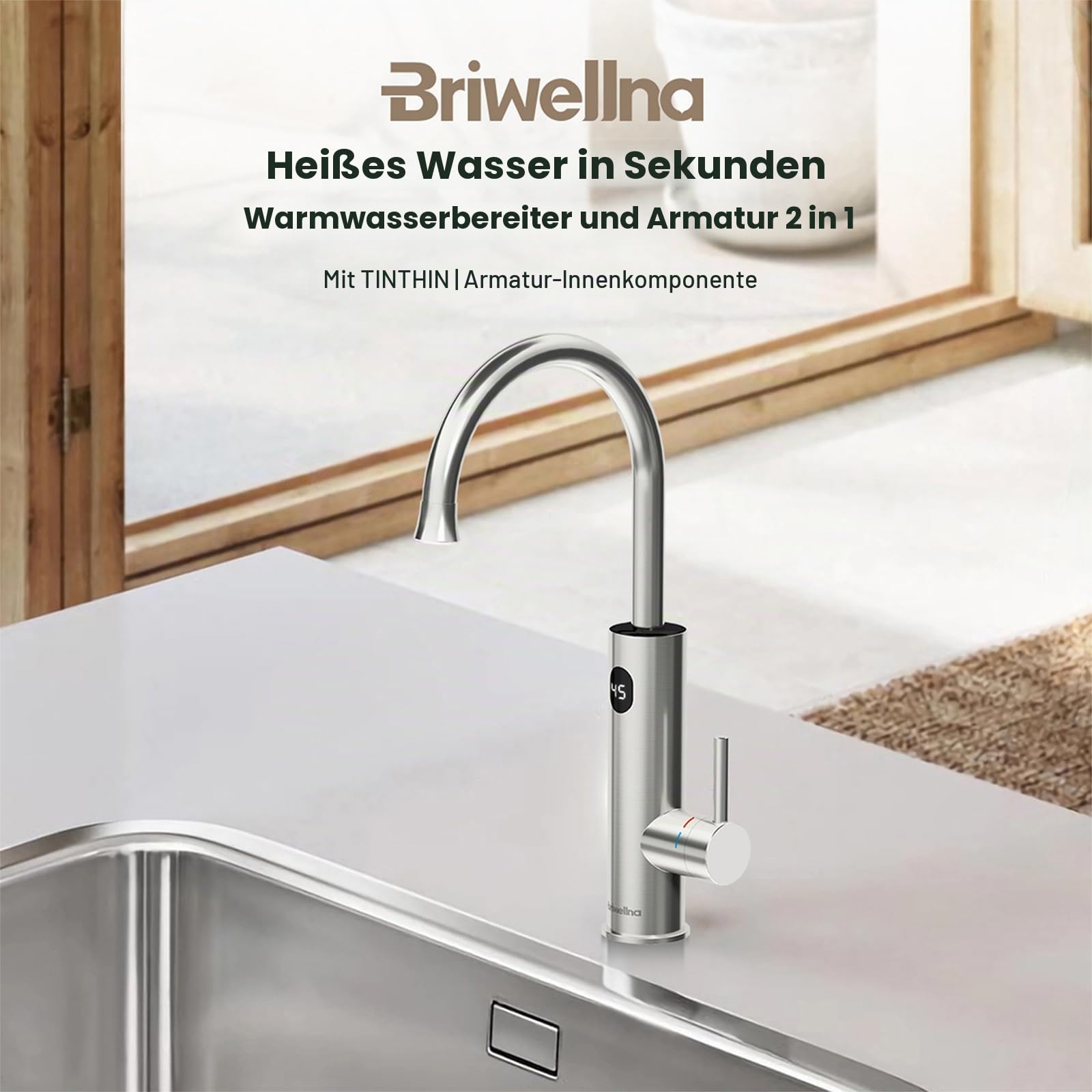Edelstahl Heiß wasserhahn mit Digitalanzeige, 360 Grad Drehbarer Durchlauferhitzer Wasserhahn, Schnellheiz Wasserhahn, Elektrischer Wasserhahn (Silber)
