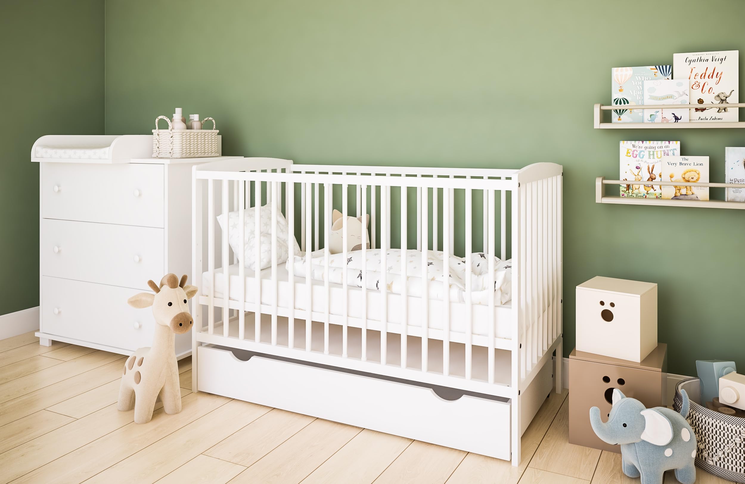 zee Set Lettino Neonato 120x60 cm Bianco 2in1 con Cassetto Sponda di Sicurezza e Cassettiera con Fasciatoio Classic 3 Cassetti Cameretta Bambini