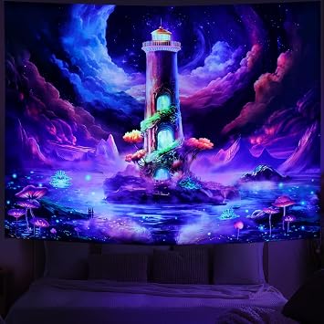 Amhokhui Blacklight Starry Sky Tapestry UV Reactive Fantasy Landscape Tapestry Trippy Nebula Neon Galaxy Space Tapestries Nature Lighthouse Lake Wall Hanging Decor for Home