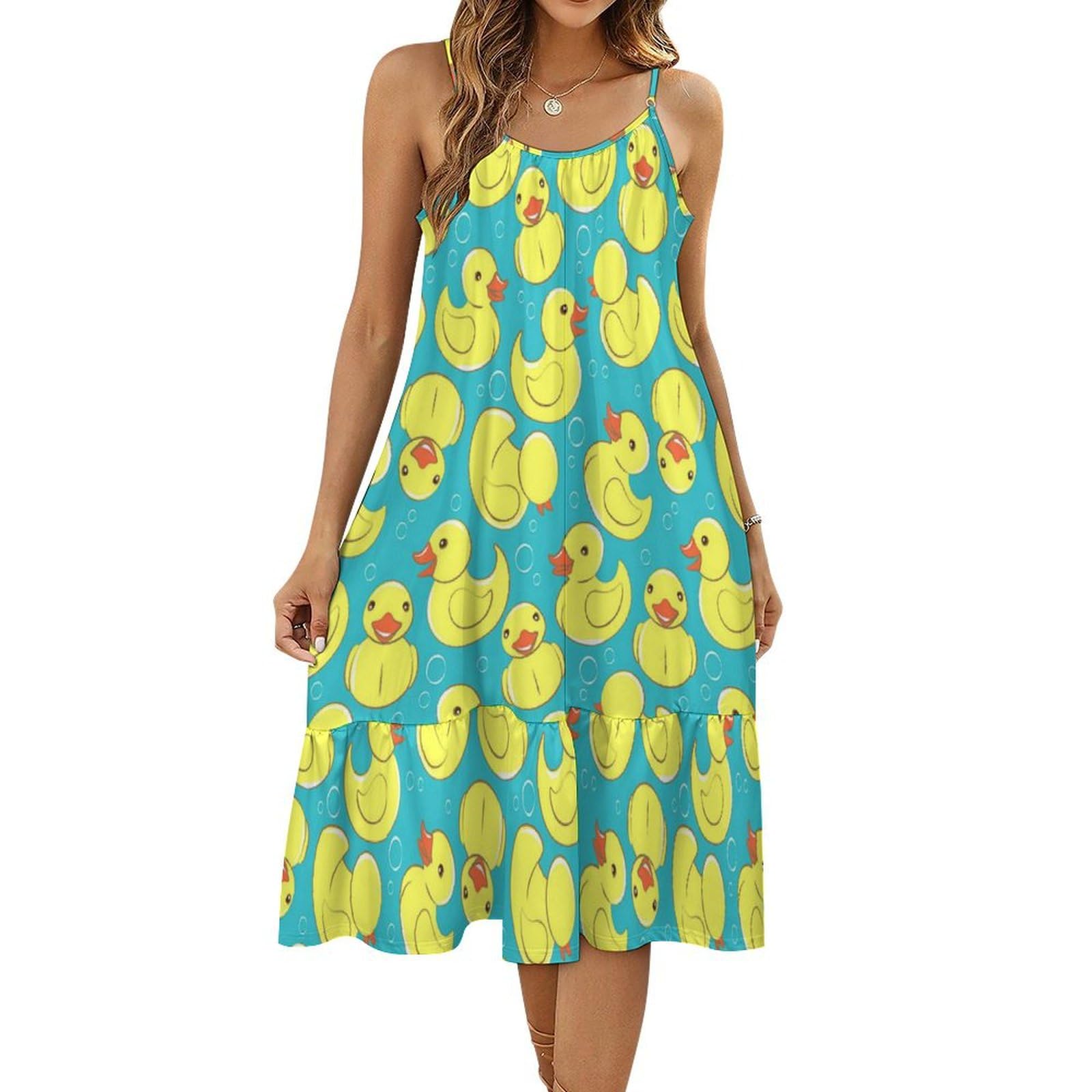 Yellow Rubber Duck And Bubbles Women's Slip Dress Print Short Dress Beach Sundress Mini Dress Casual Swing Dresses 2XL