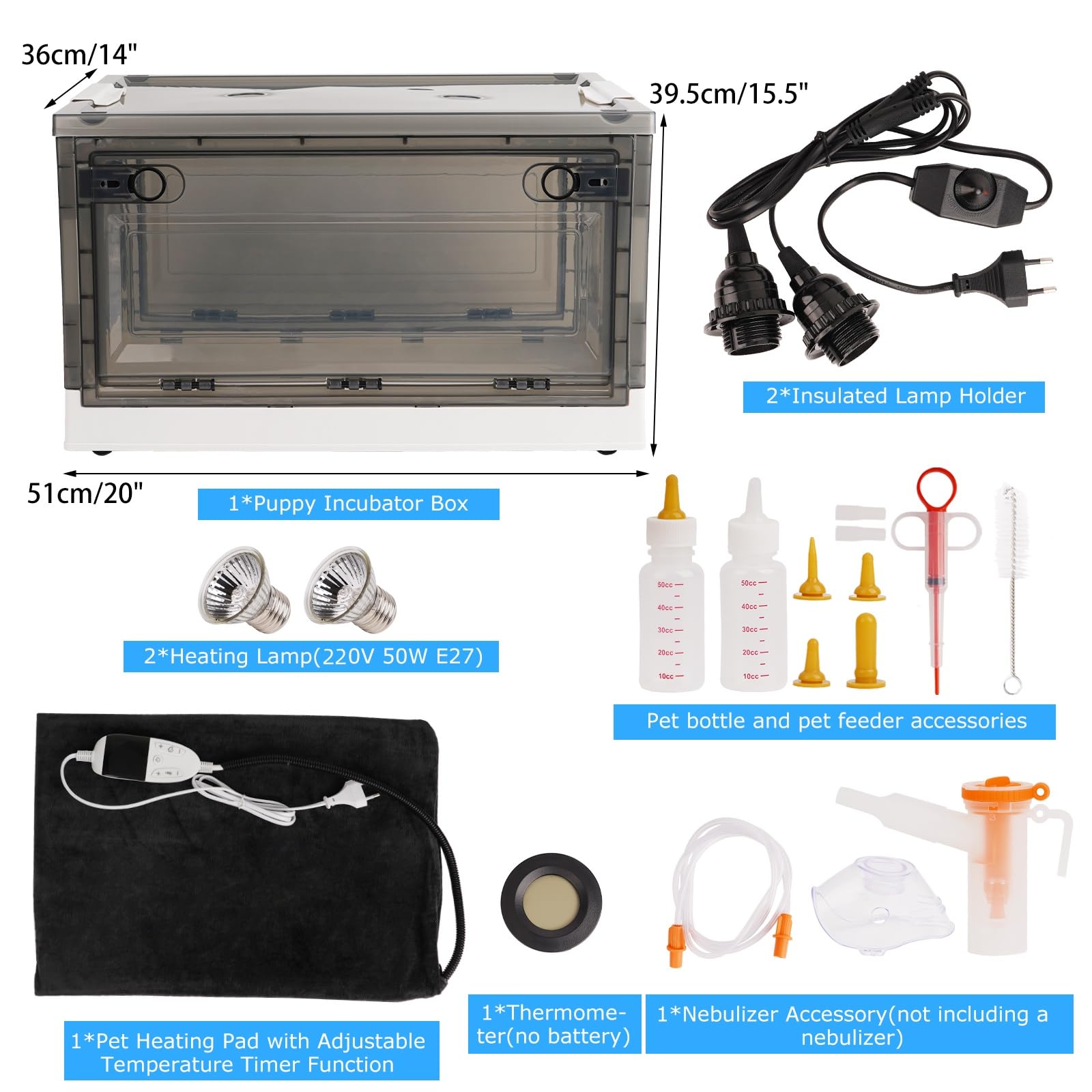 55L Inkubator für Welpen Klappbar Brutkasten Kleintiere mit Heizung Matte Thermometer Nebulizador Zubehör für Welpen Kätzchen Geflügel Vögel Reptilien