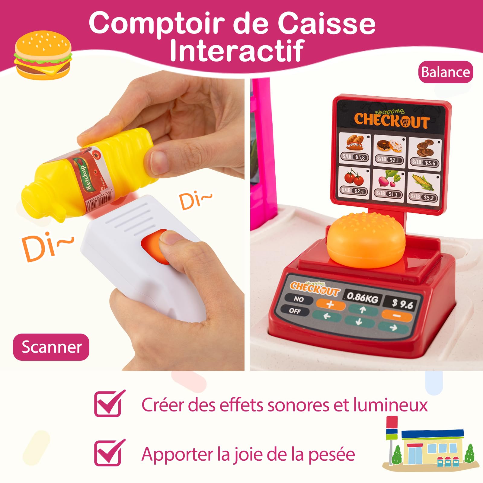 COSTWAY 29 PCS Marchande Enfants avec Chariot de Courses & Scanner avec Lumière et Son, Supermarché Enfant avec Étagères, Caisse & Balance, pour Garçons Filles 3+ Ans (Rose)