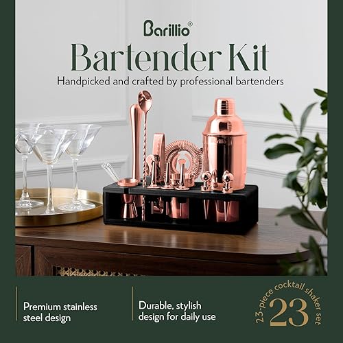 Miniatura 2 de Barillio Kit de barman de oro rosa  Juego de coctelera de acero inoxidable con soporte de bambú negro  Herramientas de barra de mixología con