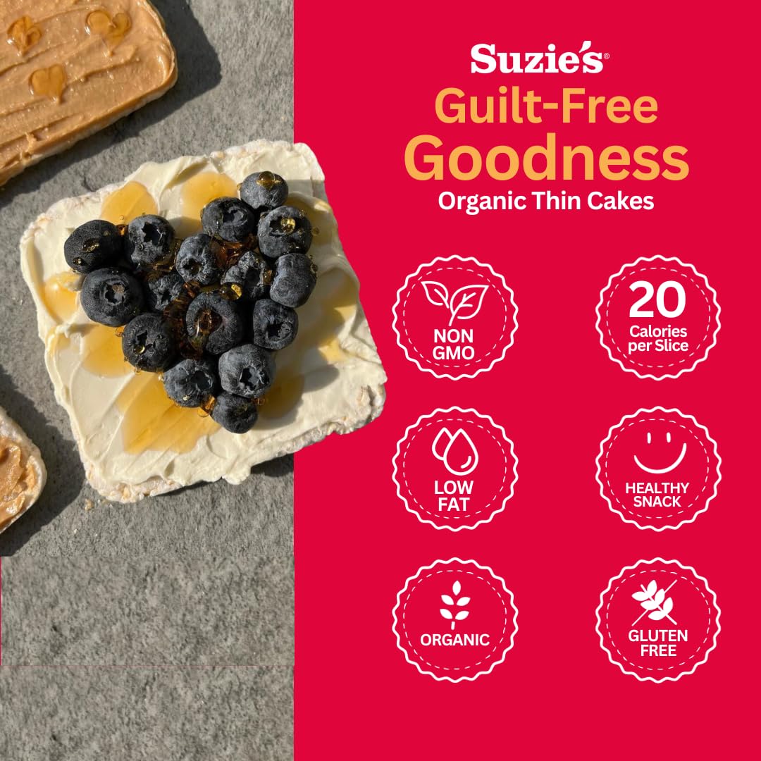 Suzie's Organic Brown Rice Cake Thins|6 Pack|Lightly Salted Low Sodium|USDA Organic, NON-GMO, Fat-Free, Sugar-Free, Gluten-Free|Low-Calorie Snack-21 Calories Per Slice|Bread & Cracker Replacement