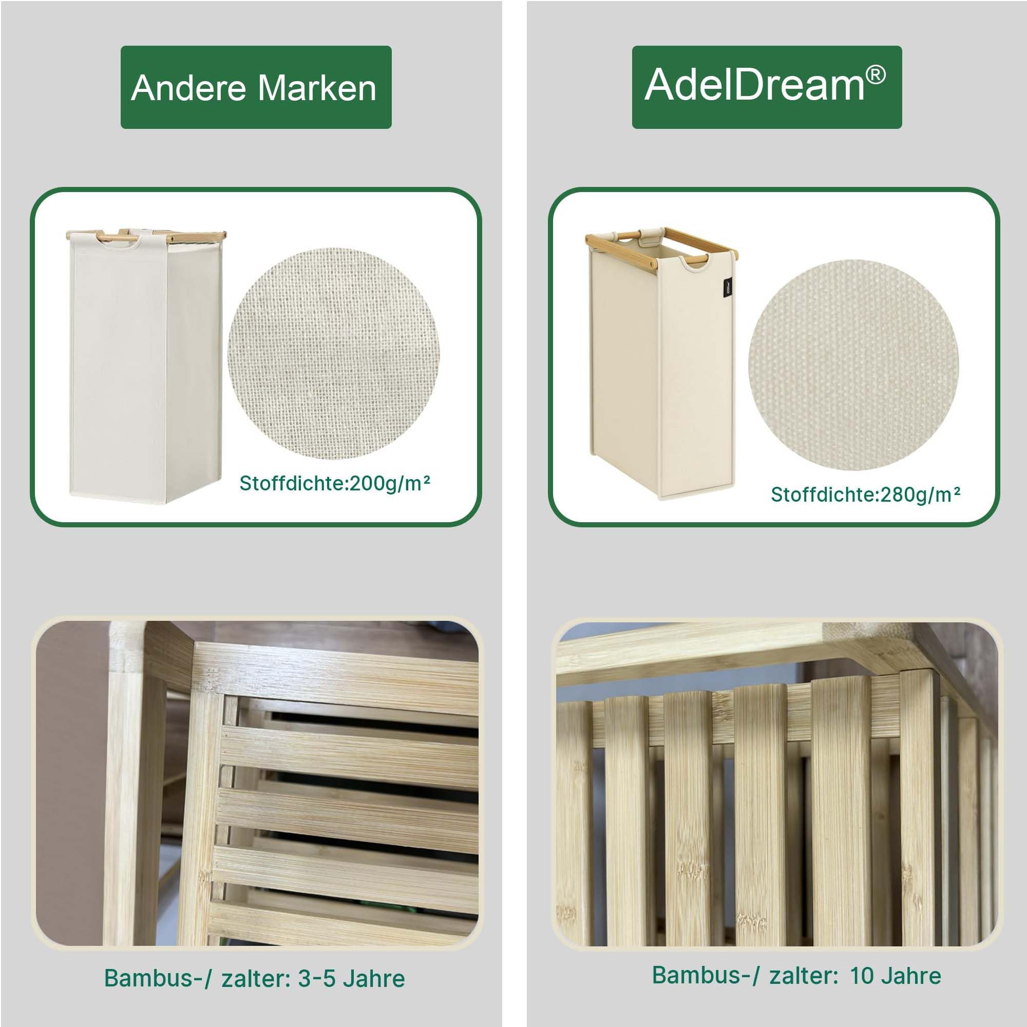 ADEL DREAM Wasmand 5 vakken, 2 planken, wasverzamelaar, 190 liter, wasboxen met mand, wassorteerder met 3 waszakken en 2 stoffen boxen, waszak, bamboe, wasrek, wasmand, laundry basket, donkergrijs