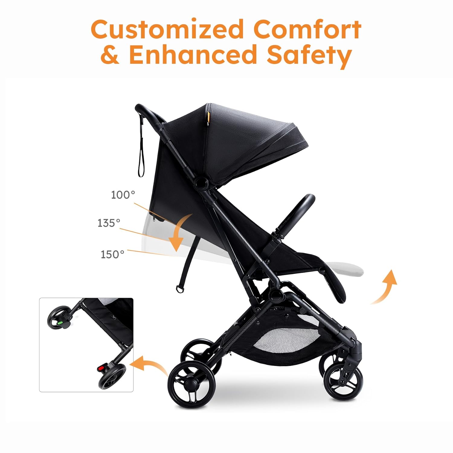 MAMAZING S66 stroller showing recline positions, footrest adjustment, and brake pedal