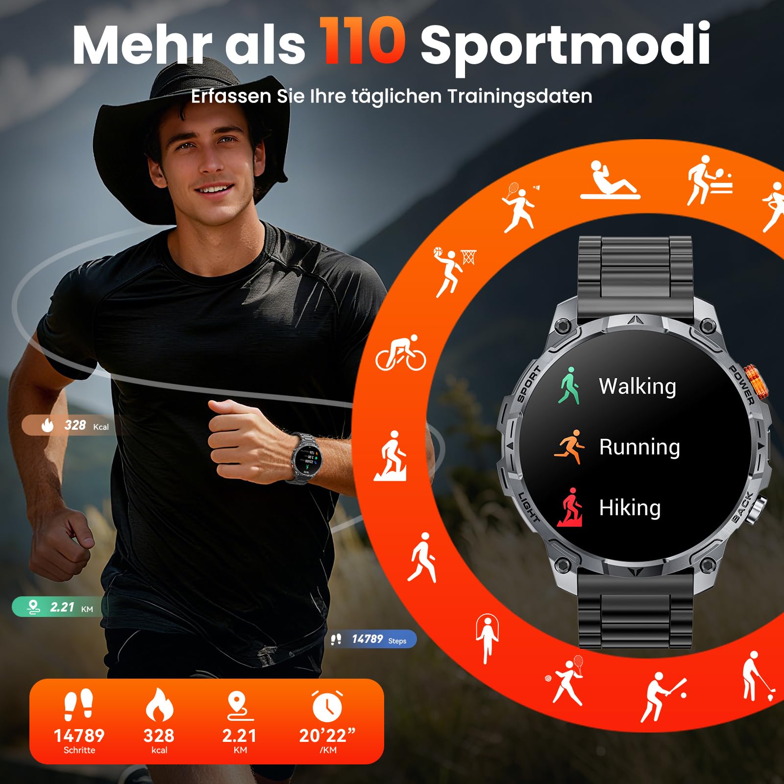 Militär Smartwatch Herren, mit1000-mAh-Akku/2 Armbändern/1,75" HD Großes Display Sportuhr/110+ Sportmodi Fitnessuhr/LED Taschenlampen/24/7Herzfrequenz/Schlafmonitor/IP68 Wasserdicht für iOS Android