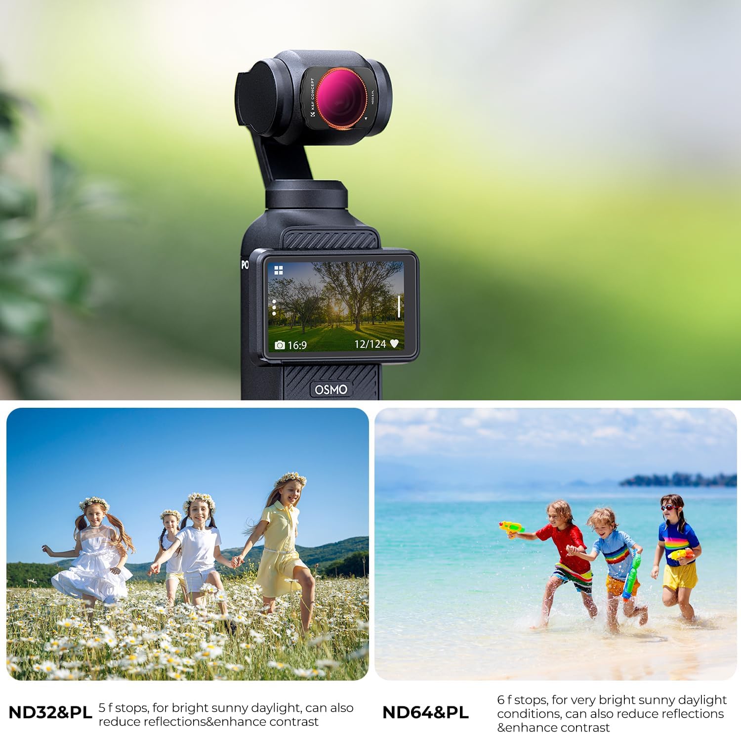 K&F CONCEPT Magnetic ND Polarized Filters Set for DJI Osmo Pocket 3 Creator Combo Accessories -4-Pack (ND8/PL,ND16/PL,ND32/PL,ND64/PL)