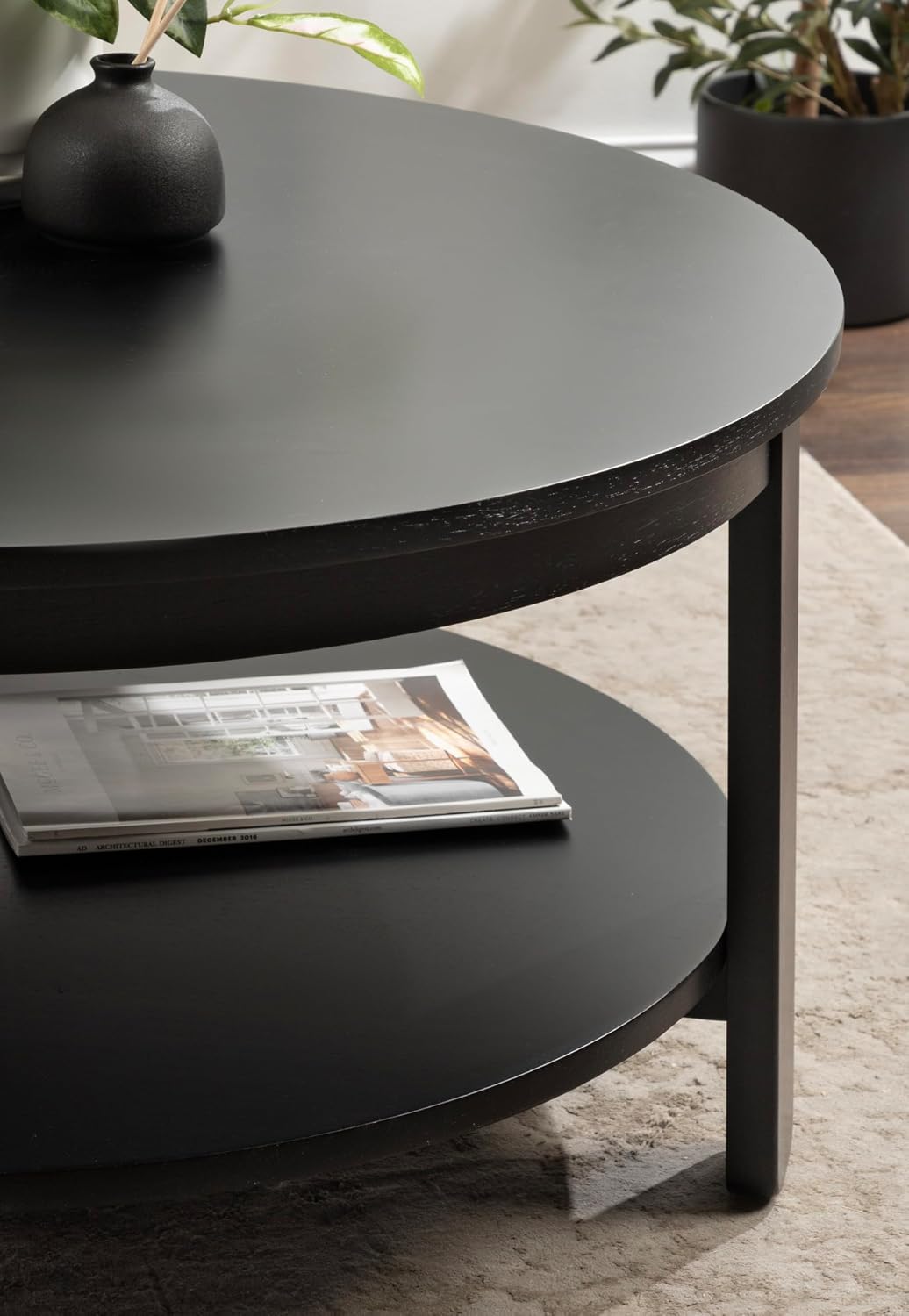 Kate and Laurel Foxford Modern Tiered Round Coffee Table, 34 x 34 x 17, Black, Transitional Two-Tier Circle Living Room Table with Storage and Resilient Wood Construction