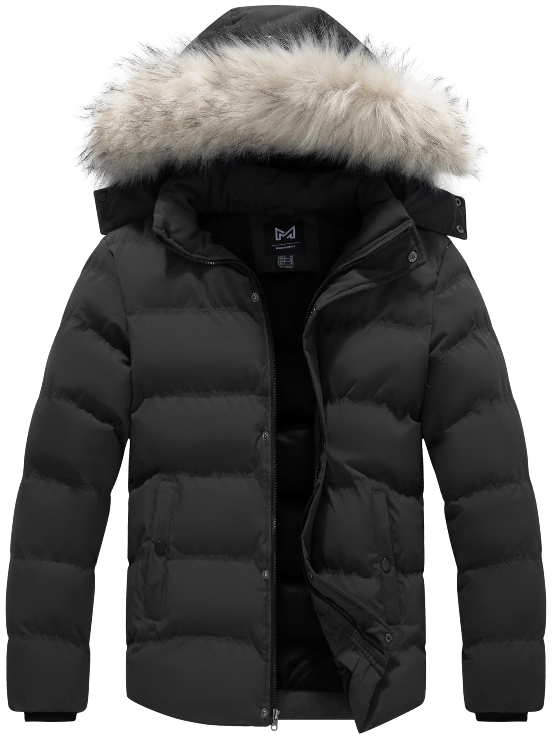 KVE Men's Warm Hooded Thick Quilted Puffer Jacket | Down Alternative, Windproof Water Resistant, Removable Hood, Insulated Lining, Multi-Pockets, Classic Fit, Casual Winter Coat