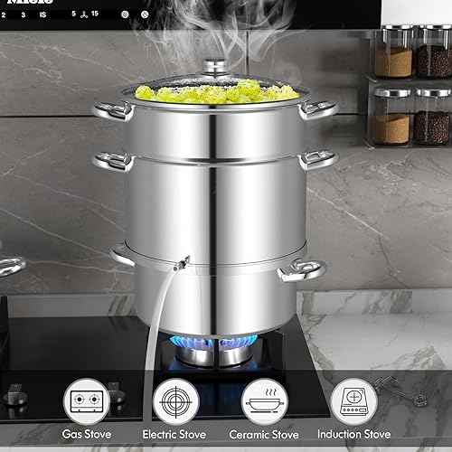 Miniatura 8 de COSTWAY Exprimidor de vapor para enlatado, vaporizador de frutas y verduras de 11 cuartos de galón con tapa de vidrio templado, manguera de