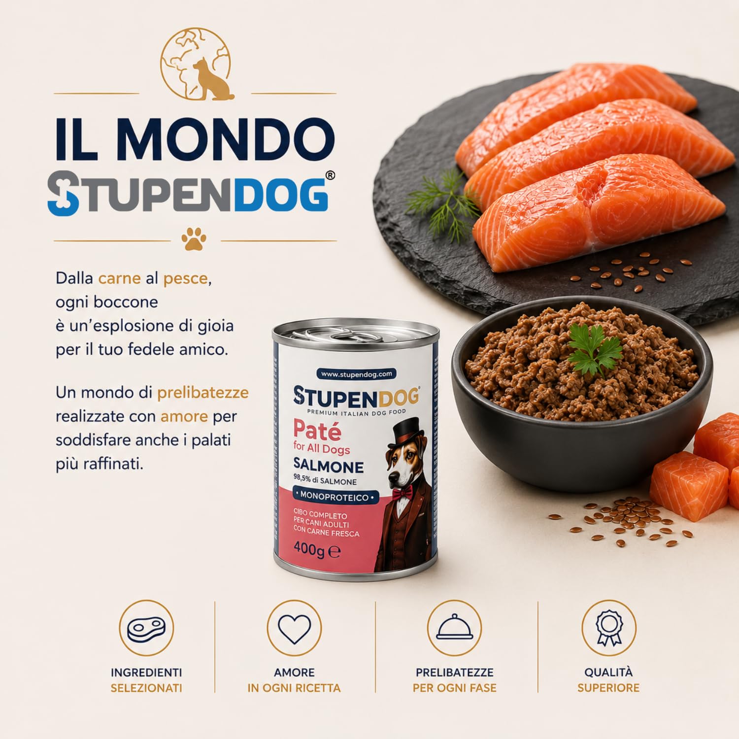 STUPENDOG Paté per Cani Monoproteico al Salmone con Semi di Lino - 98,5% Salmone Fresco, Ipoallergenico, Pelo Lucido, Pelle Sana – Cibo Umido Naturale per Cane Adulto (12 Confezioni - 400g)