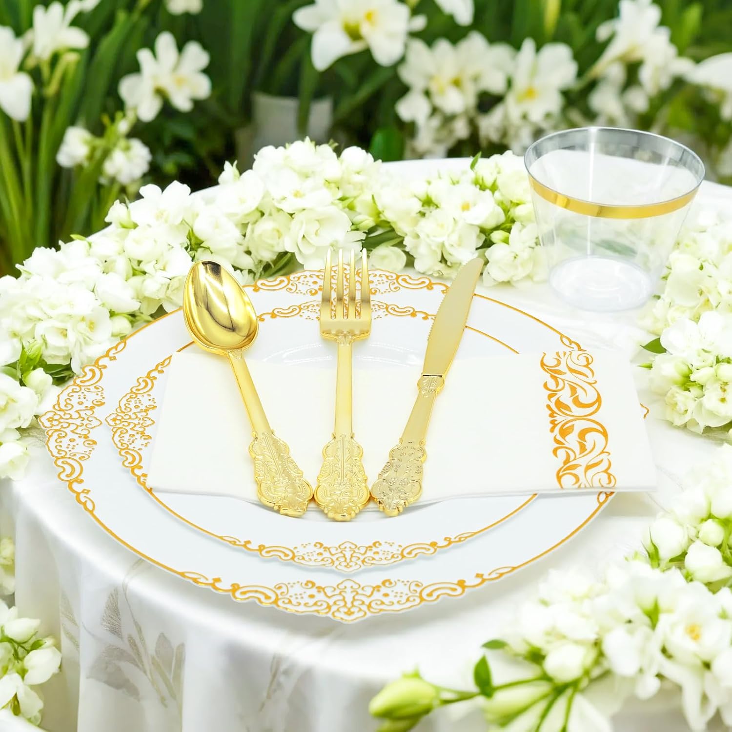 AIRE 175PCS Gold Plastic Plates for Party Supplies Dinnerware Sets for 25 Guests, Vintage Disposable Plastic Party Plates Cups Spoons Forks Knives Napkins for Wedding Birthday Christmas BBQ Parties - Image 6