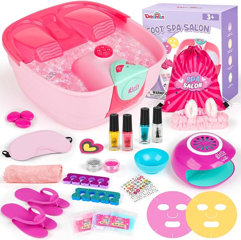 Dreamon Kids Foot Spa & Nail Kit, Kids Spa Day Kit for Girls Birthday Gifts | Foot Bath, Masks, Nail Dryer, Manicures Pedicure Toy Set, Nail Art Salon Girl Stuff, Trendy Gifts for 6-12 Year Old Christmas