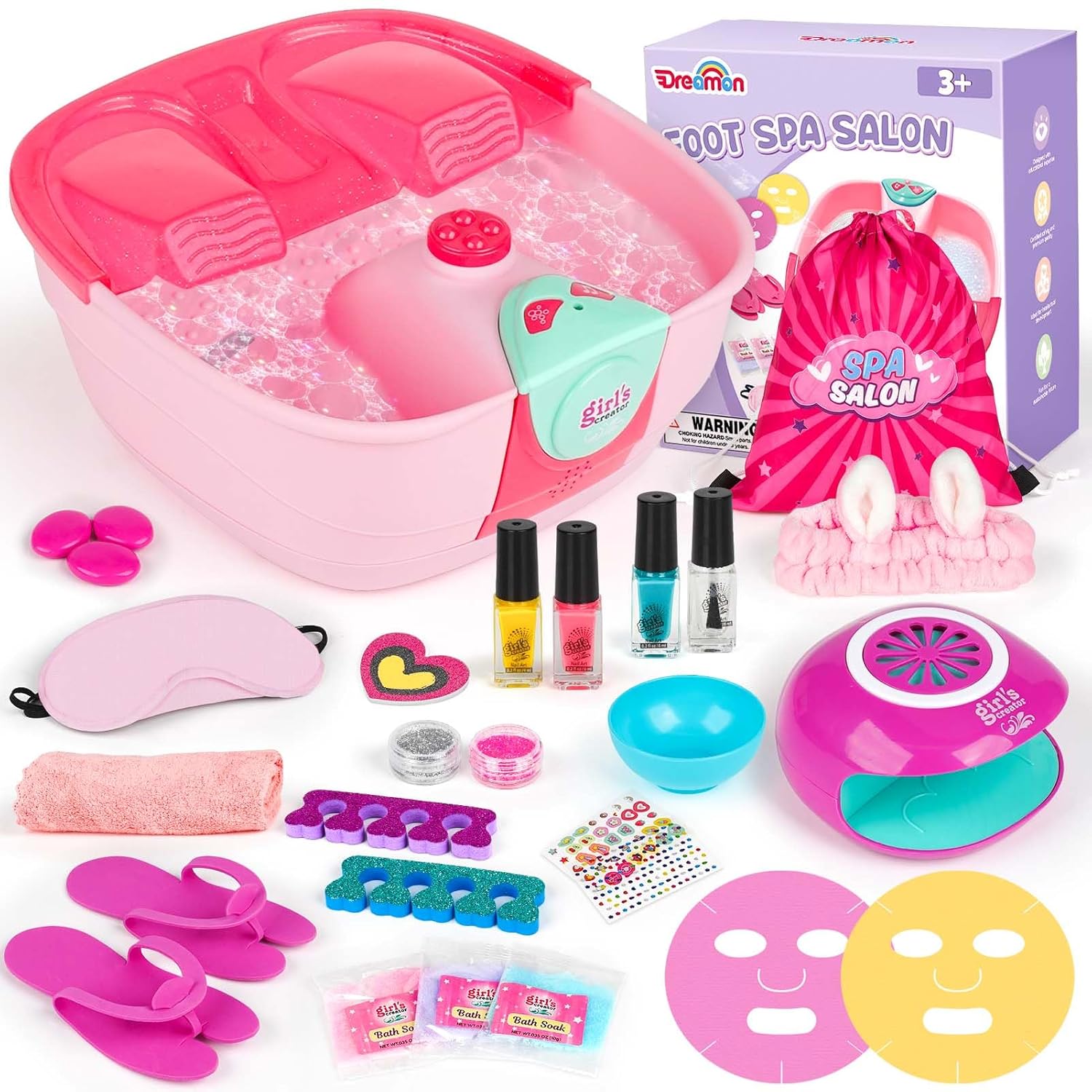 Dreamon Kids Foot Spa & Nail Kit for Girls - At-Home Pedicure Manicure Set with Massage Bath, Nail Dryer, Masks - Ages 6-12 Spa Gifts