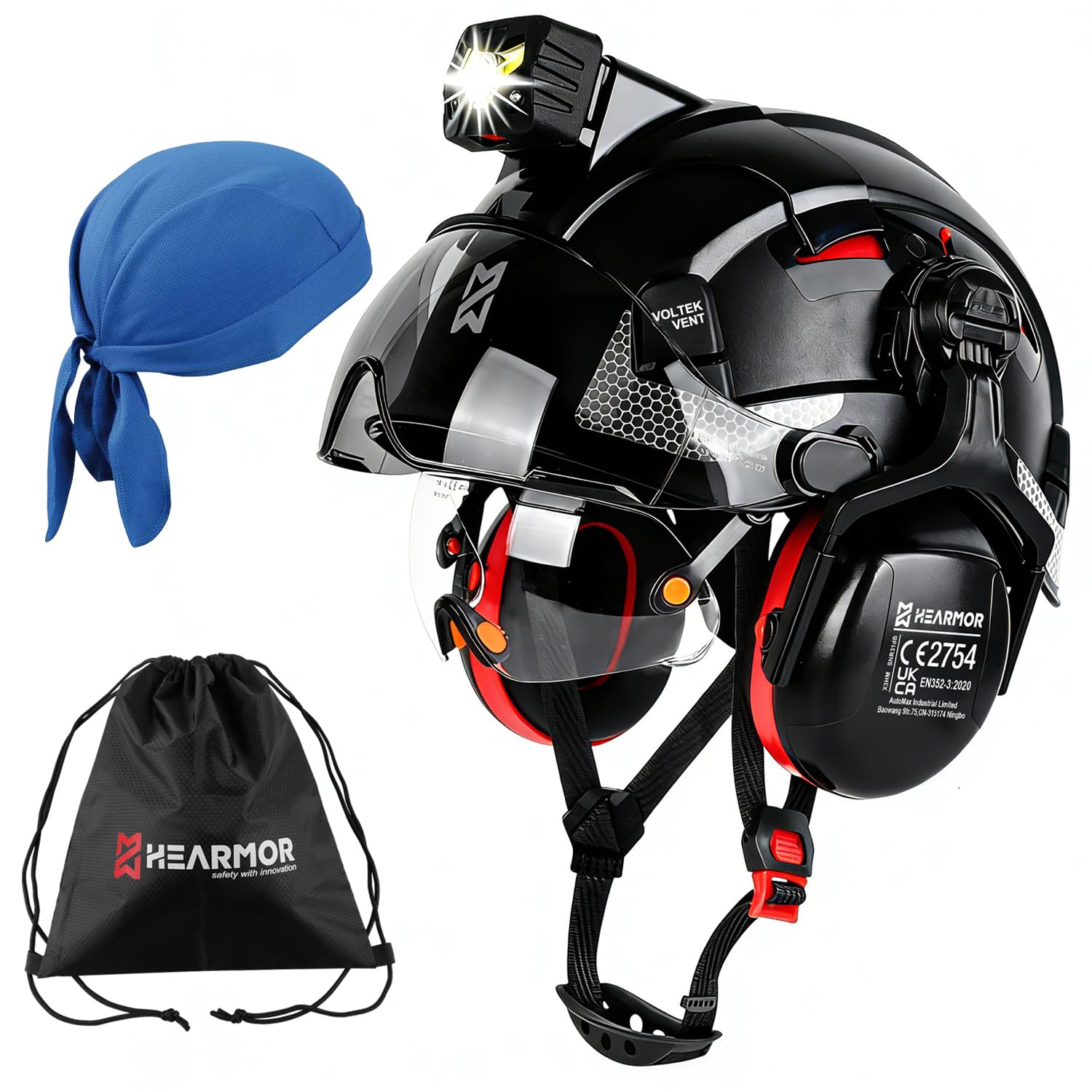 HEARMOR VOLTEK CE EN397 Casco de protección industrial con linterna LED + visera y protección auditiva | Para trabajos forestales, construcción y escalada, casco de trabajo de alta calidad con