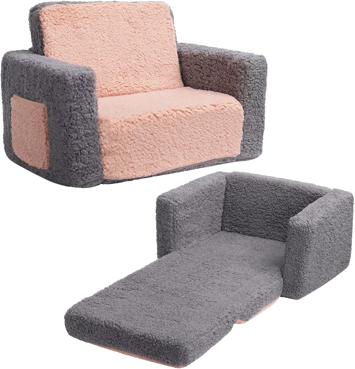 ALIMORDEN 2-in-1 Flip Out Cuddly Sherpa Kids Couch, Convertible Sofa to Lounger, Grey and Pink