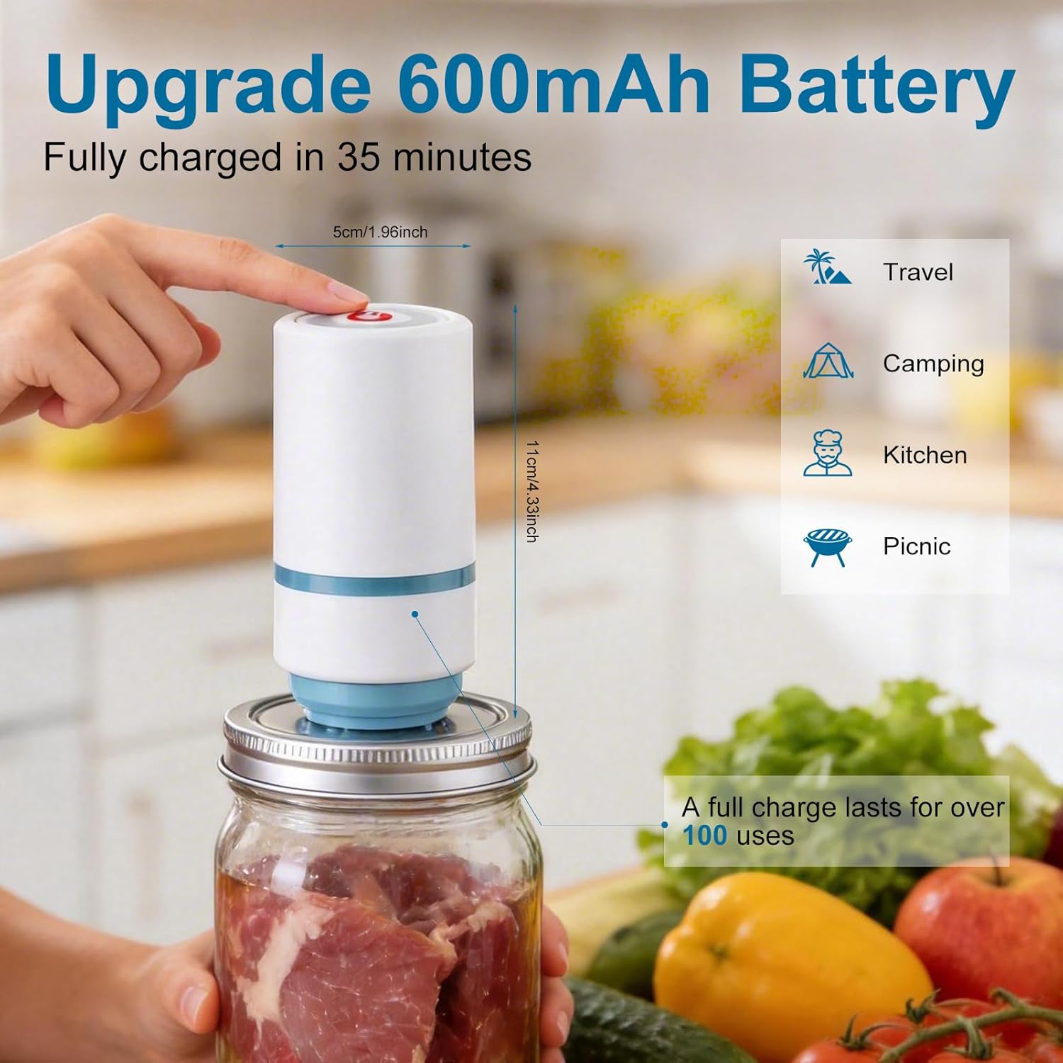 Electric Mason Jar Vacuum Sealer Kit, Sunchic 2026 Portable Jar Vacuum Sealer, No Opener Needed, Fits Wide & Regular Mouth Jars, 12 Reusable Lids & 6 Sealing Rings, Food Storage Canning Machine