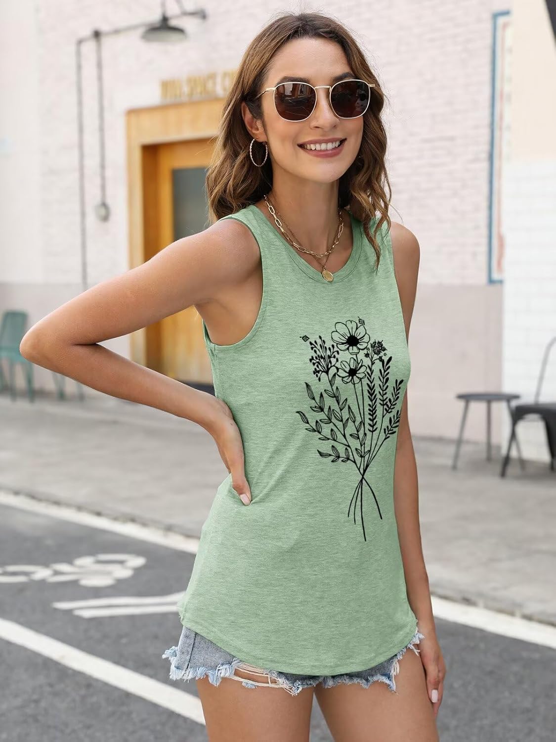 ORANDESIGNE Womens Flower Print Crewneck Tank Tops Graphic Curved Hem Sleeveless Tops Summer Casual Loose Fit Shirts - Image 4