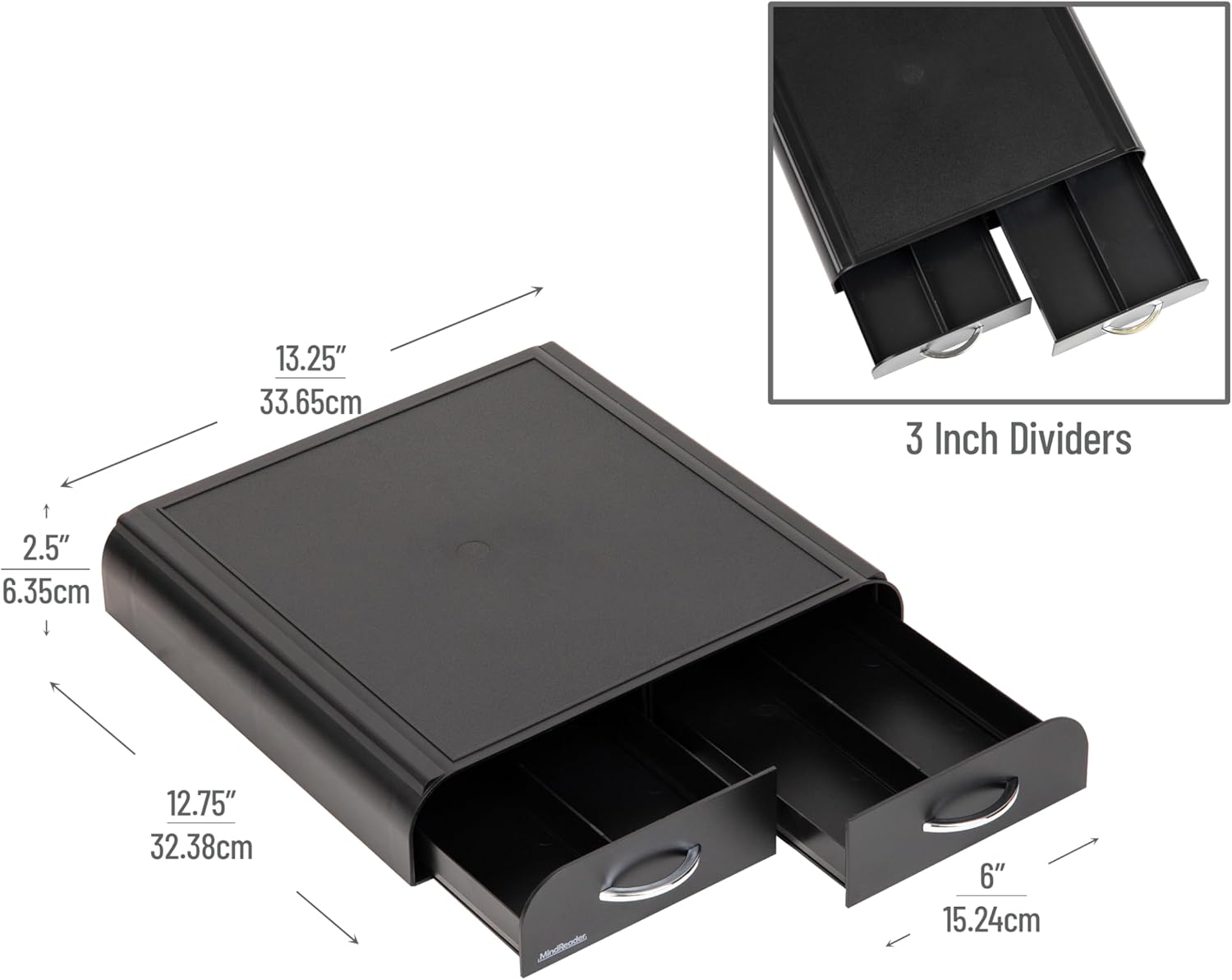 mind reader single serve coffee pod organizer with 2 drawers, compatible with 18 vertuoline (7.77 fl oz) or 72 original nespresso (1.35 fl oz) capsules, plastic, 13.25"l x 12.75"w x 2.5"h, black