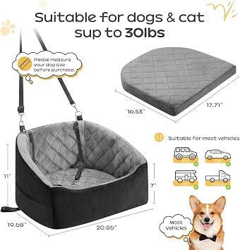 Dog Car Seat for Small Dogs Up to 30 Lbs, Pet Travel Safety Bed for Puppy Cat, Fits in Front/Back Seat, Anti Slip Base, Fully Detachable Washable with 2 Safety Tether(Grey-Black)