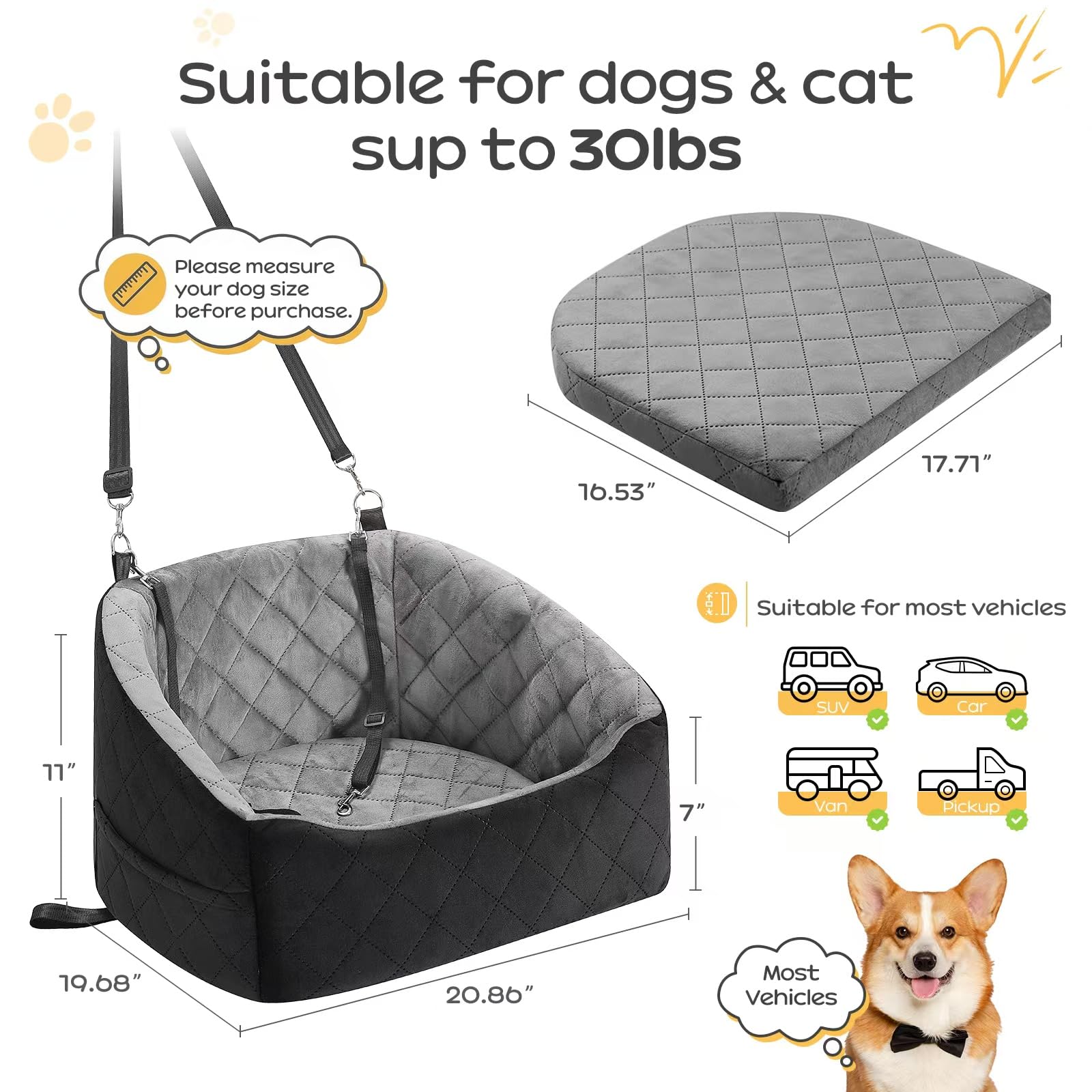 Dog Car Seat for Small Dogs Up to 30 Lbs, Pet Travel Safety Bed for Puppy Cat, Fits in Front/Back Seat, Anti Slip Base, Fully Detachable Washable with 2 Safety Tether(Grey-Black) - image 2