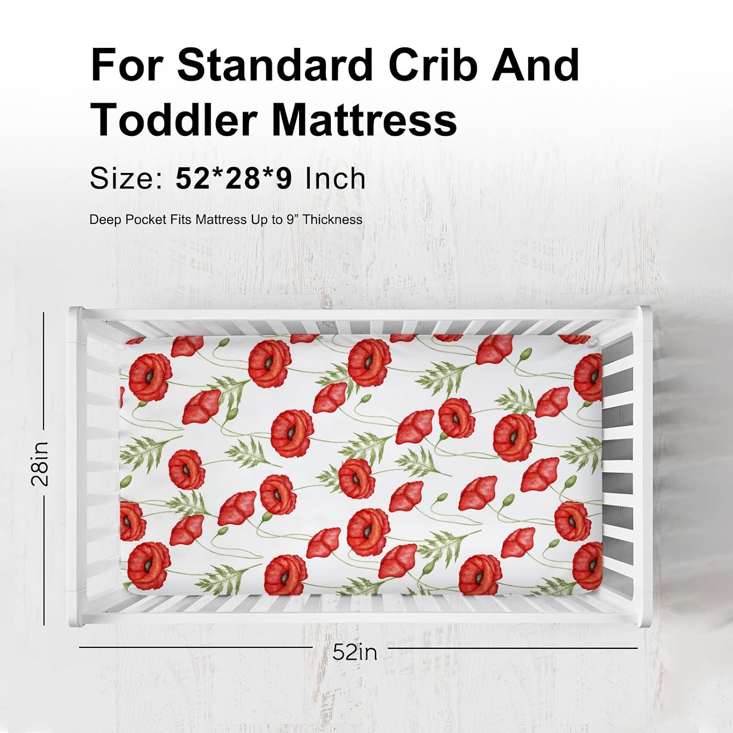 Spring Summer Floral Fitted Baby Crib Sheet for Boys Girls 52"x28" Red Poppy Wild Flowers Soft Breathable Nursery Toddler Mini Crib Mattress Sheets for Standard Crib and Toddler Mattresses