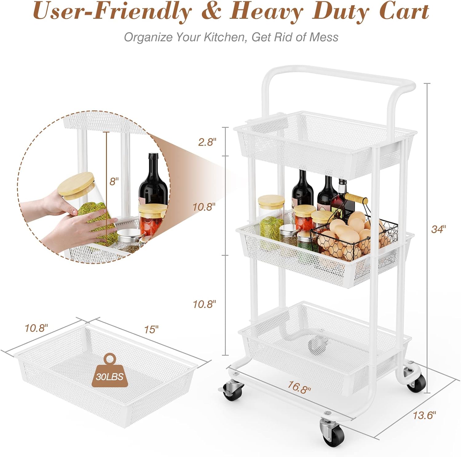 Greensen 3 Tier Rolling Cart, All-Metal Bathroom Storage Organizer Cart with Wheels, Heavy Duty Utility Cart with Removable Handles, Easy Assembly Makeup Cart (White) : Home & Kitchen