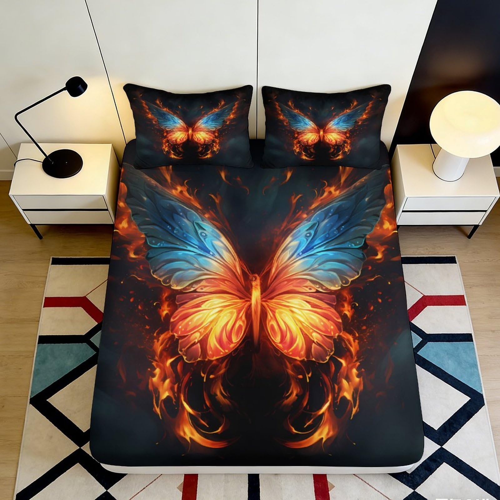 3D Printed Fire Butterfly Fitted Sheet Microfiber Soft Breathable Fantasy Wings Bed Cover for Bedroom Guestroom Mattress Protection 90x200x25cm