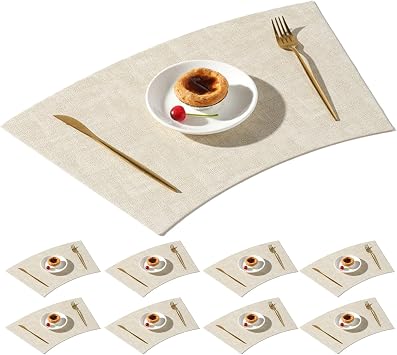 Wedge Placemats for Round Tables, Faux Leather Washable Double-Sides Available PU Table Place Mats Set of 4/6/8 Color Beige, Size Straight_Set of 8