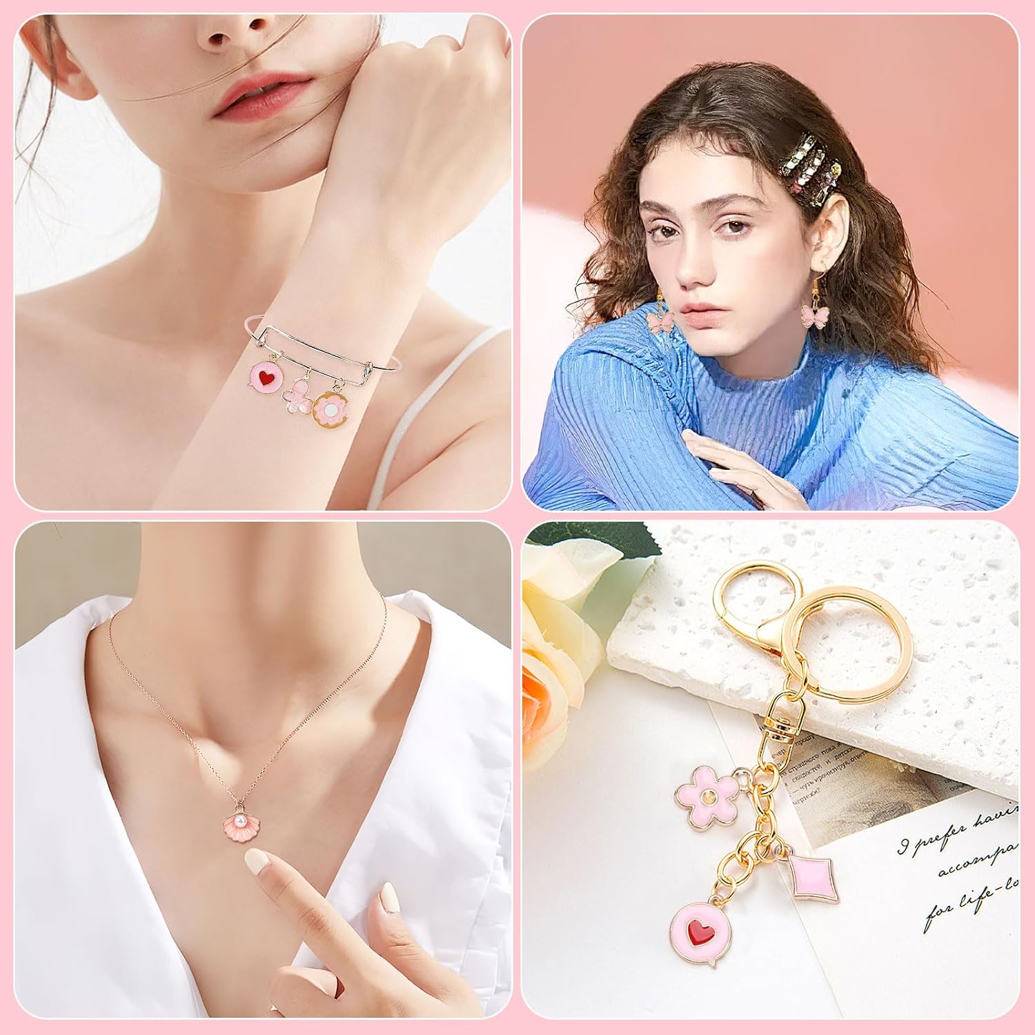 MARFOREVER 120 Pcs Pink Charms, Assorted Gold Enamel Pink Charm for Jewelry Making Mixed Theme Flowers Heart Fruit Moon Star Dangle Pendants Charm for DIY Bracelet Necklace Earrings Crafts - Image 6