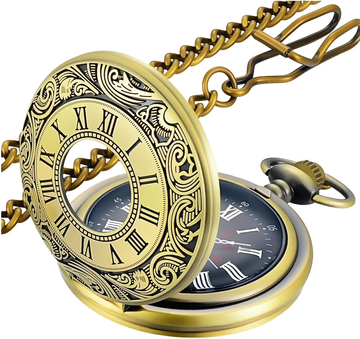 LYMFHCH Vintage Pocket Watch Roman Numerals Scale Quartz Pocket Watches with Chain Christmas Graduation Birthday Gifts Fathers Day