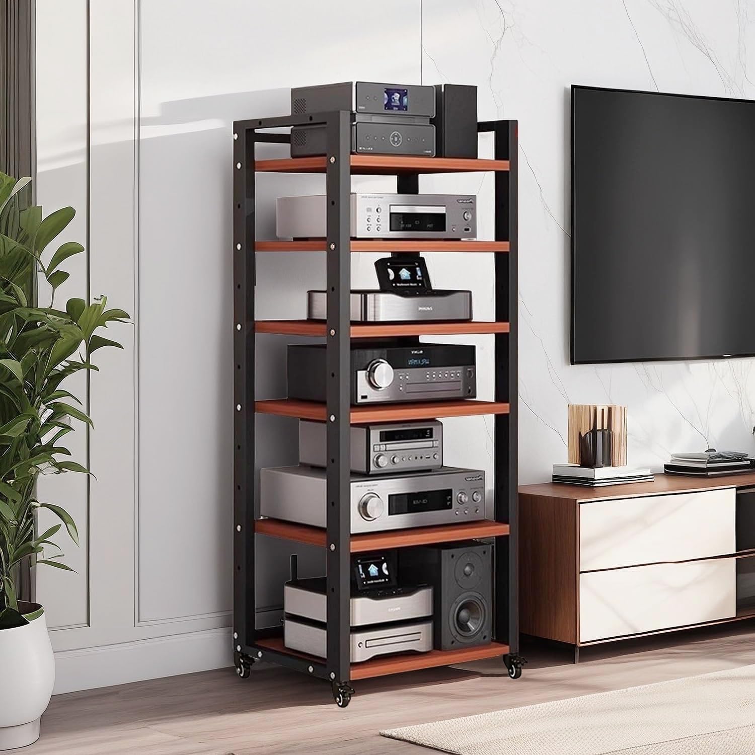 Modern AV Stand, 55in Media Console Rack with 6 Adjustable Wood Shelves, Supports 400lbs - Stylish Home Theater Entertainment Center in Brown image 3