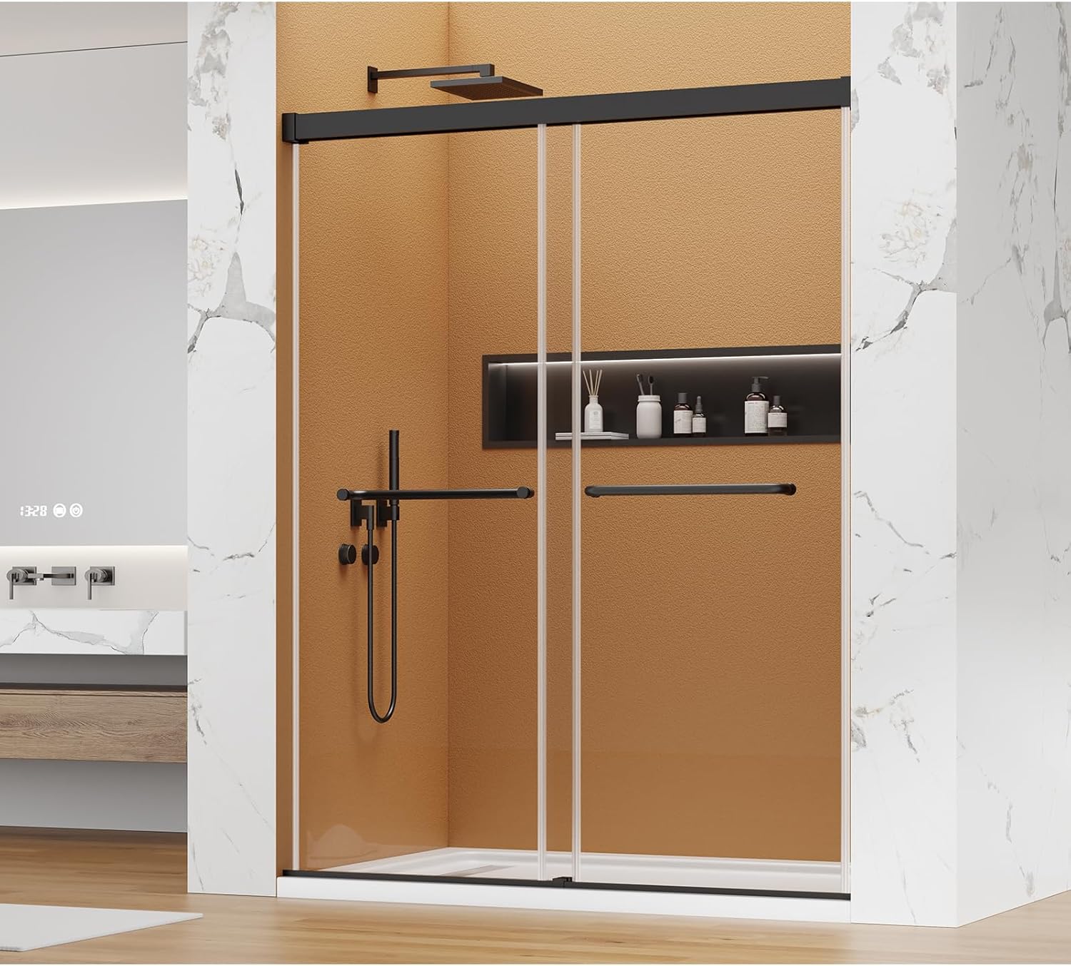 56-60" W x 72" H Frameless Double Sliding Shower Glass Door, 1/4" Clear SGCC Tempered Glass, Nano Coating, Easy to Clean, 304 Stainless Steel Hardware, Reversible Installation - Matte Black