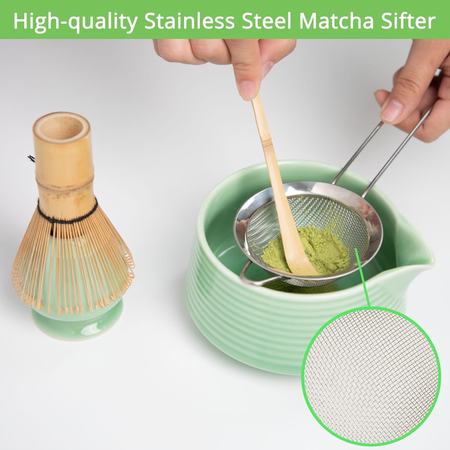 Matcha Whisk Set, Green Matcha Kit with Bowl, Whisk, Bamboo Scoop, Scoop Rest, Sifter - 5 Pcs Kit for Lover - Image 6