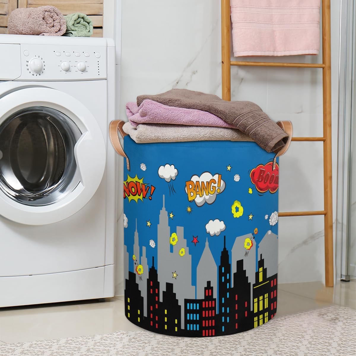 Kids Laundry Hamper Basket - Large Nursery Baby Hamper with Leather Handle for Boys Girls Collapsible Clothes Baskets Organizer Toy Storage Bin Home Room Decor(Comic Building Silhouettes)