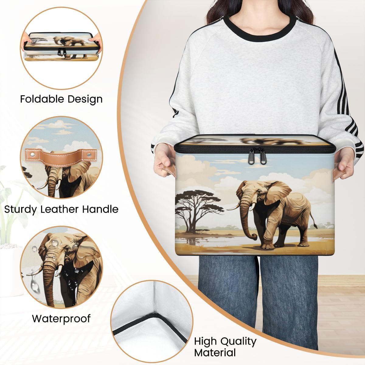 Storage Bin Set of 2 Wild Elephant Storage Basket with Zipper Lid & Handle Foldable Closet Shelf 2 Pack Cloth Organizer Basket Cube Bins Clothes Organizer for Bedroom, Nursery