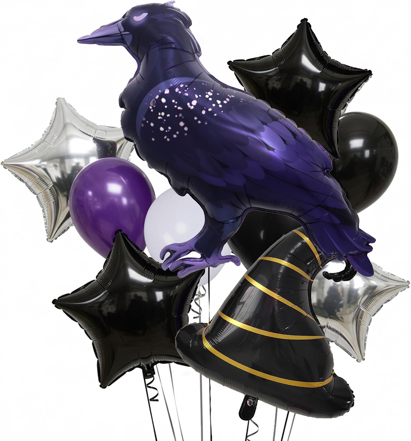 Midnight Magic Raven Balloon Set, 12PCS Wizard Fantasy Party Decorations – Crow Magic Hat Foil Balloons with Black Silver Star and Latex Balloons for Halloween, Birthday, Gothic Theme