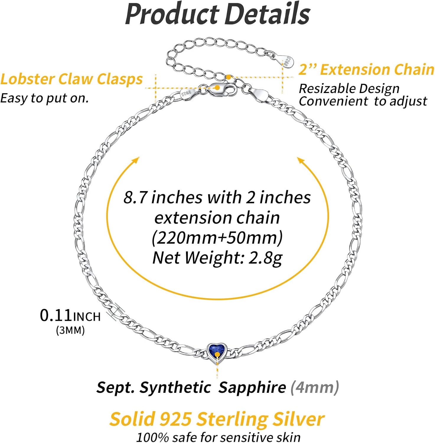 ChicSilver Sterling Silver Anklets Bracelets for Women, Figaro Chain Heart/Round Birthstone Anklet for Women Waterproof, Dainty Herringbone Ankle Bracelet Summer Beach jewelry - Image 6