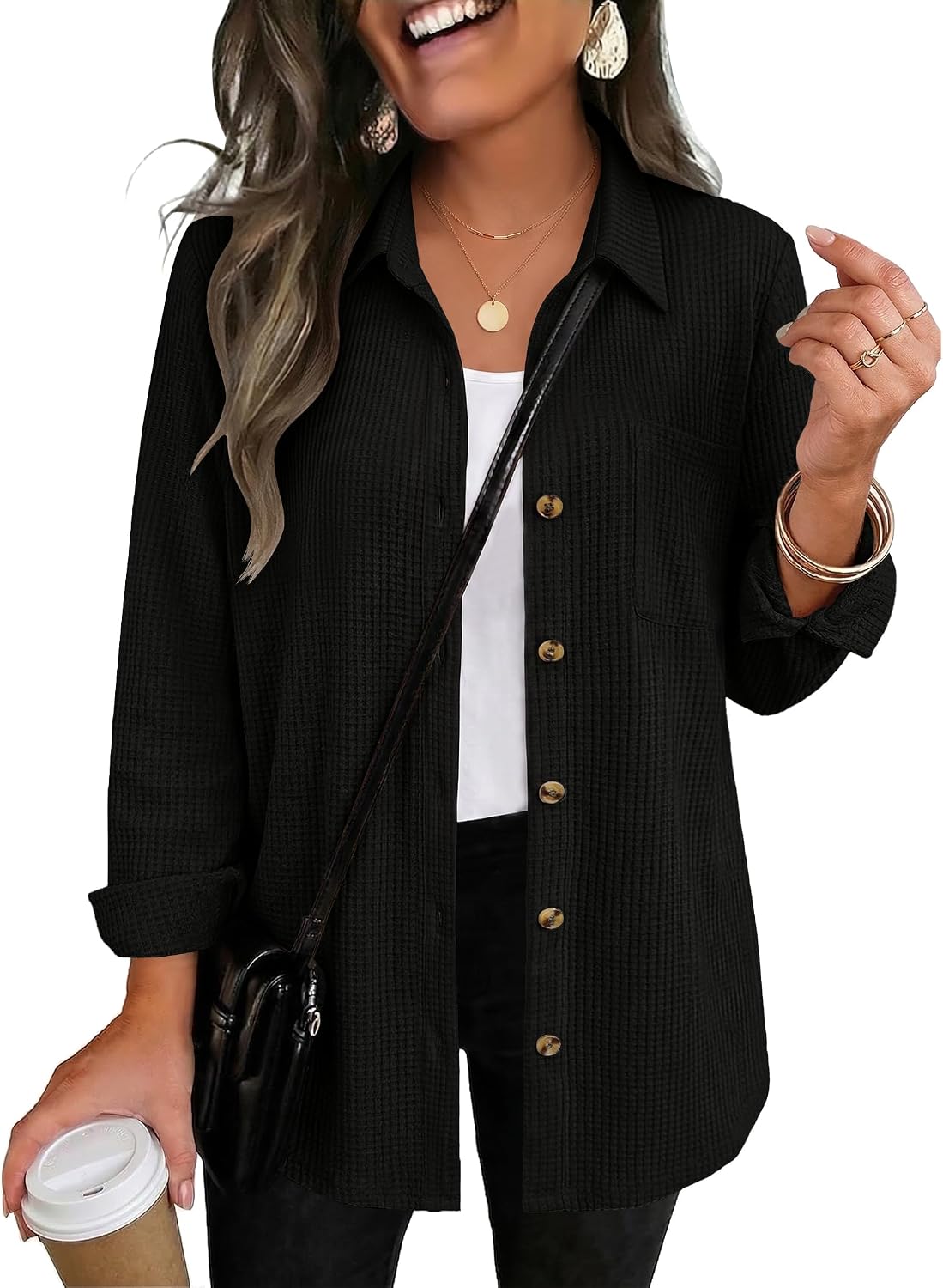 Zeagoo Womens Waffle Knit Shacket Button Down Long Sleeve Tops with Pocket