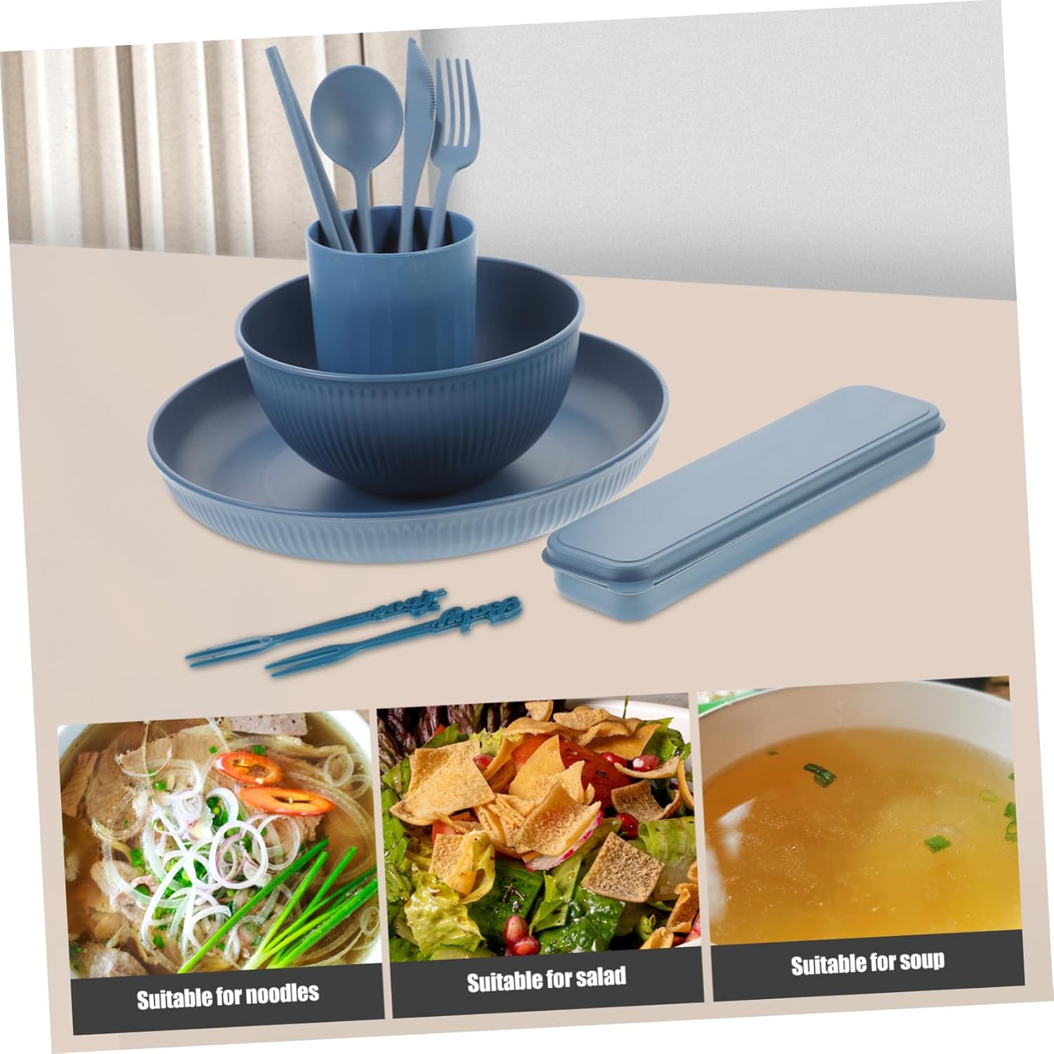 Reusable Cutlery Set with Case Dinnerware Includes Bowls Plates Spoons Chopsticks and Forks Camping Picnics and Home Use