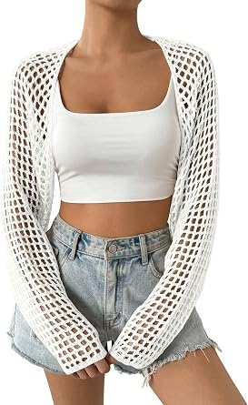 Womens Lightweight Crop Cardigan Crochet Knit Long Sleeve Bolero Shrug Sweater
