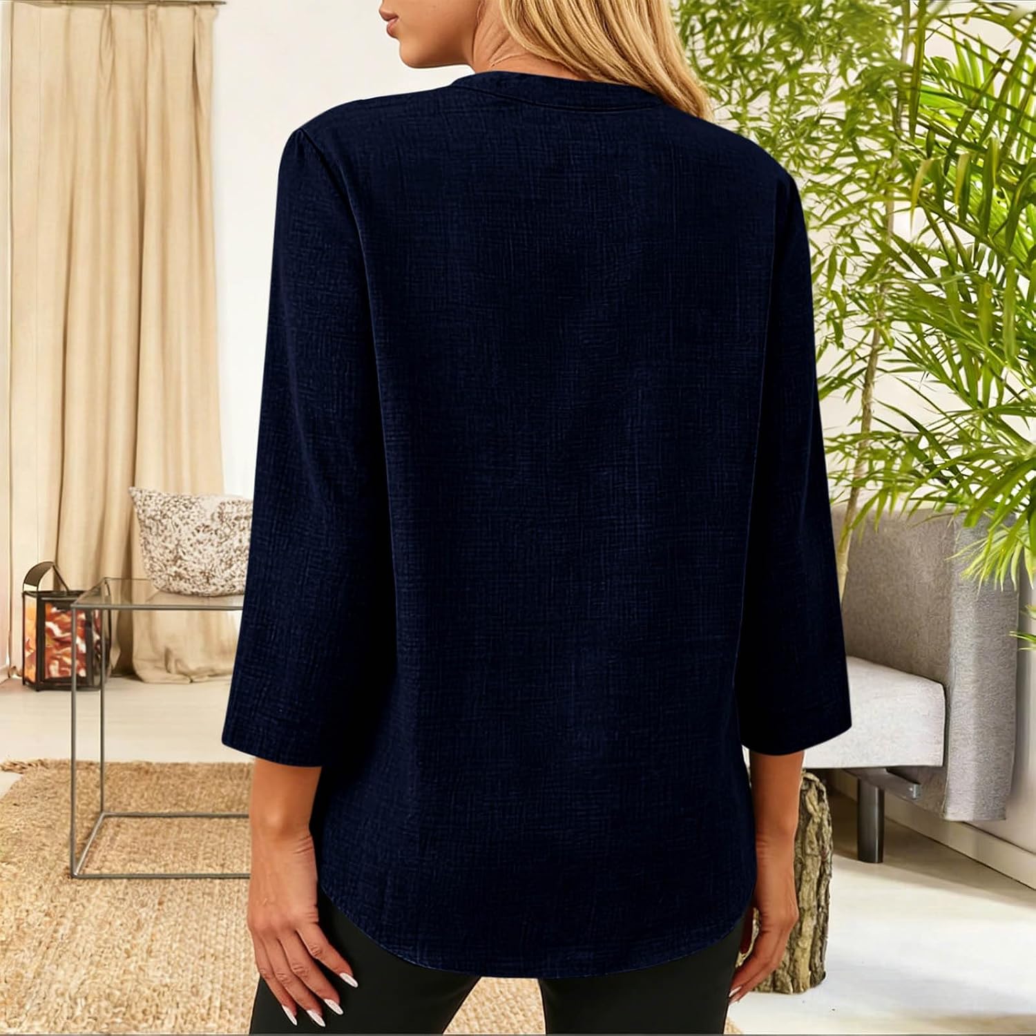 Womens 3/4 Length Sleeve T-Shirts Casual V Neck Tops Shirts Tee Business Blouses Loose Fit Pullover with Pocket