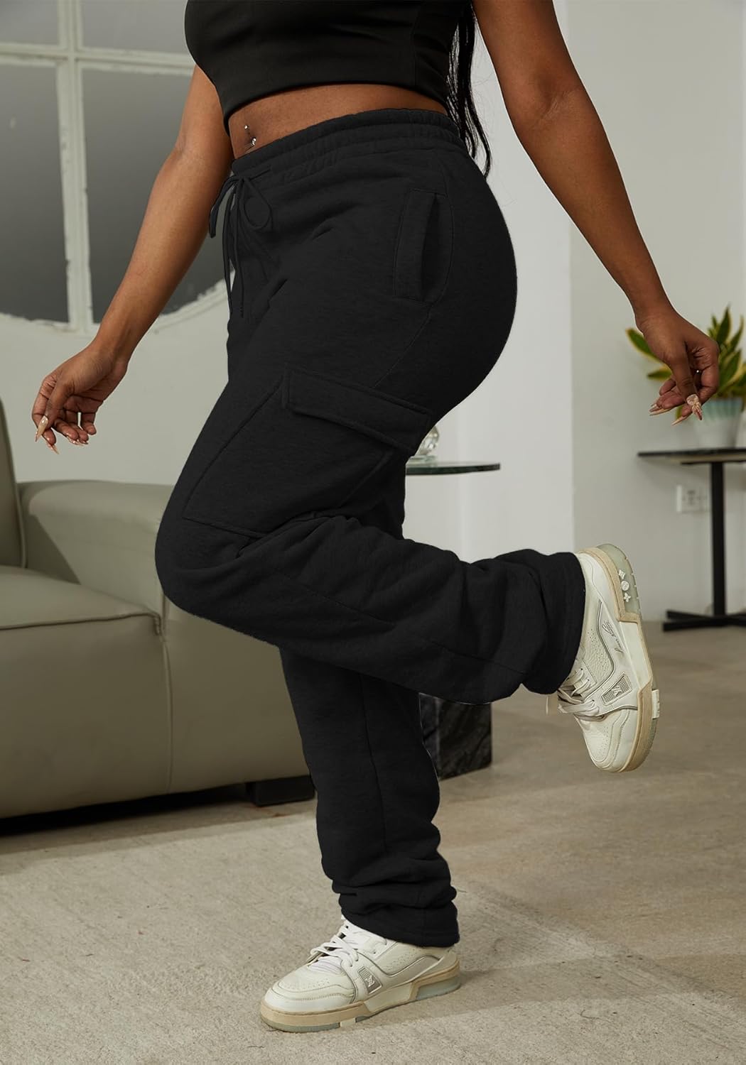 Women Cargo Sweatpants Stacked Pants Warm Fleece Drawstring Waist Casual Joggers Trousers - Image 3