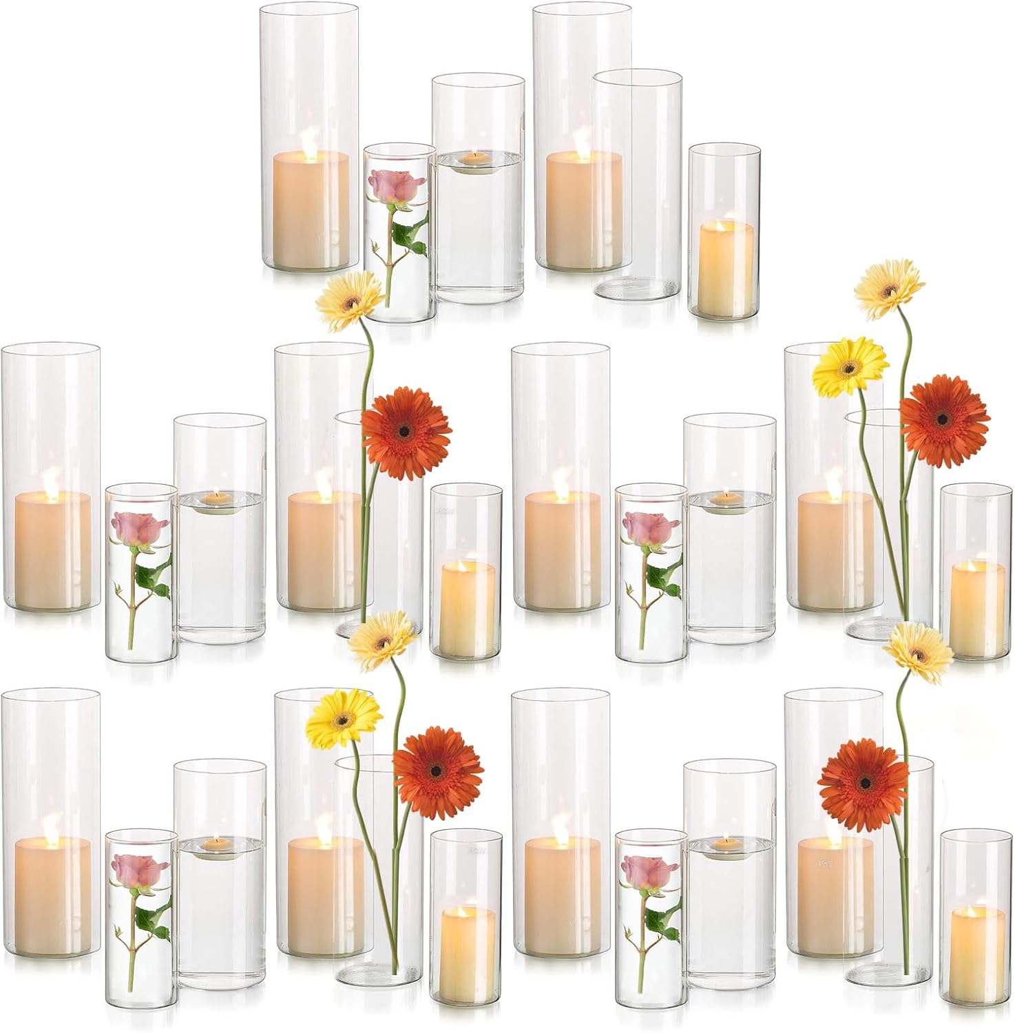 glasseam hurricane glass candle holders for table centerpiece, cylinder glass pillar candle holder set of 30, clear cylinder vase bulk, hurricane vases for centerpieces wedding party christmas decor 30 m+l+xl