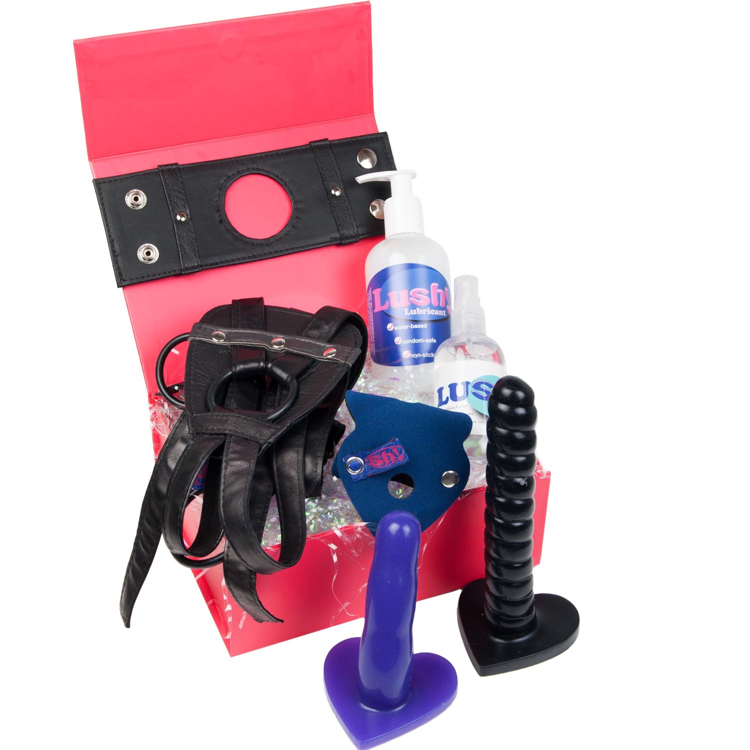 Sh! Godemichet double sangle : L (convient aux 42-44) Strapon Double Pleasure Set pour couples lesbiens : 2 godeaux, harnais, adaptateurs, lubrifiant et nettoyant